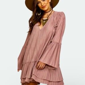 Free People Pink Pleated Boho Long Sleeve Dress